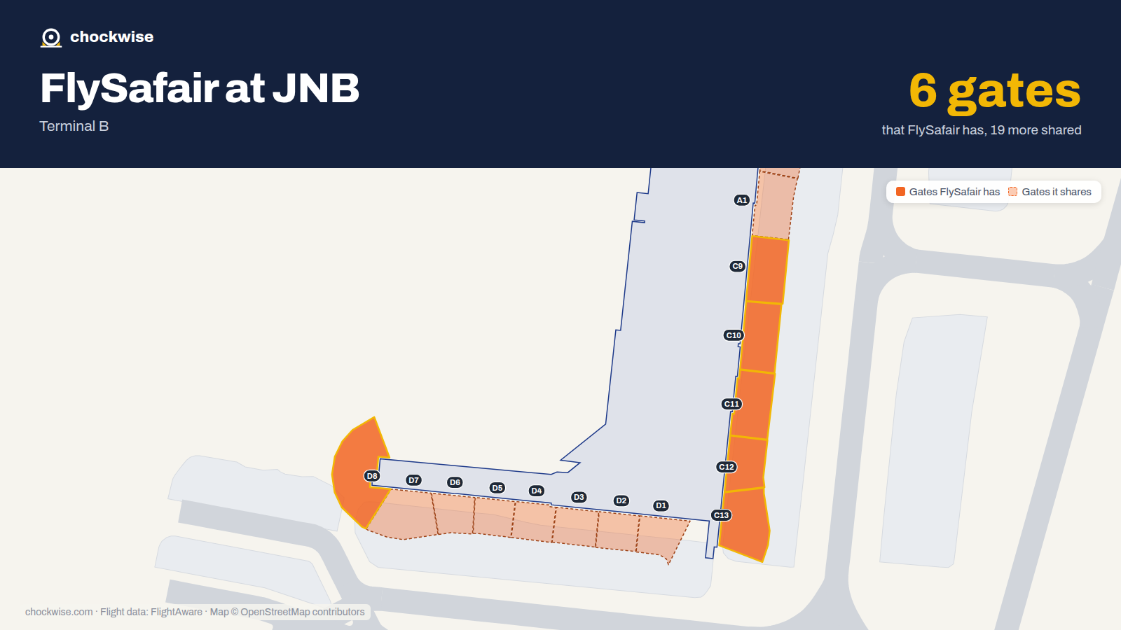 Map of JNB with the gates FlySafair uses highlighted: D8, C9, C10, C11, C12 and C13.