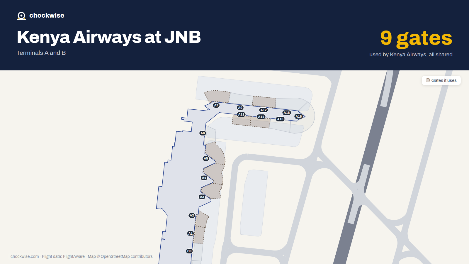 Map of JNB with the gates Kenya Airways uses highlighted: A1, A2, A3, A4, A5, A7, A11, A12 and 1 more.