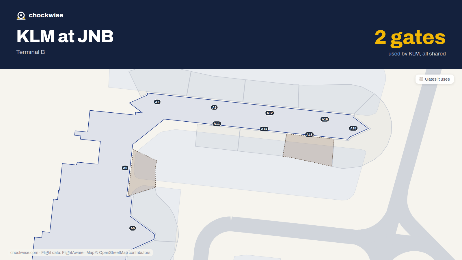 Map of JNB with the gates KLM uses highlighted: A6 and A15.
