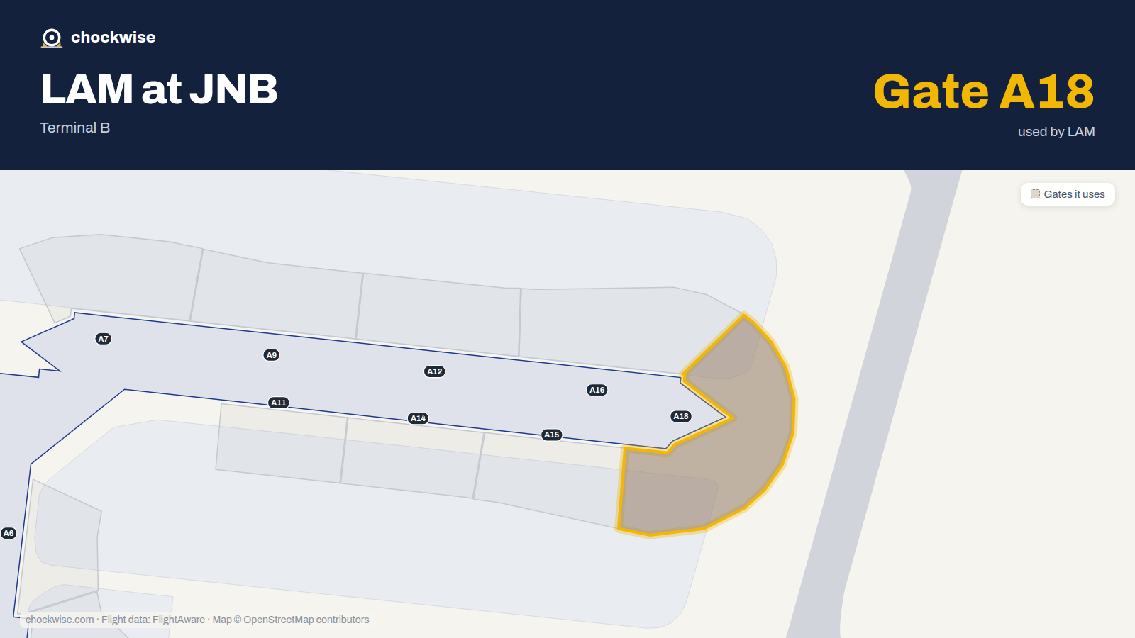 Map of JNB with the gates LAM Mozambique Airlines uses highlighted: A18.