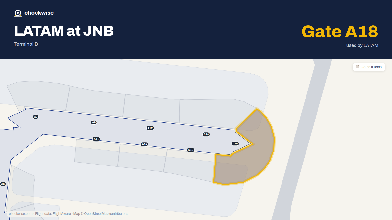 Map of JNB with the gates LATAM Airlines uses highlighted: A18.