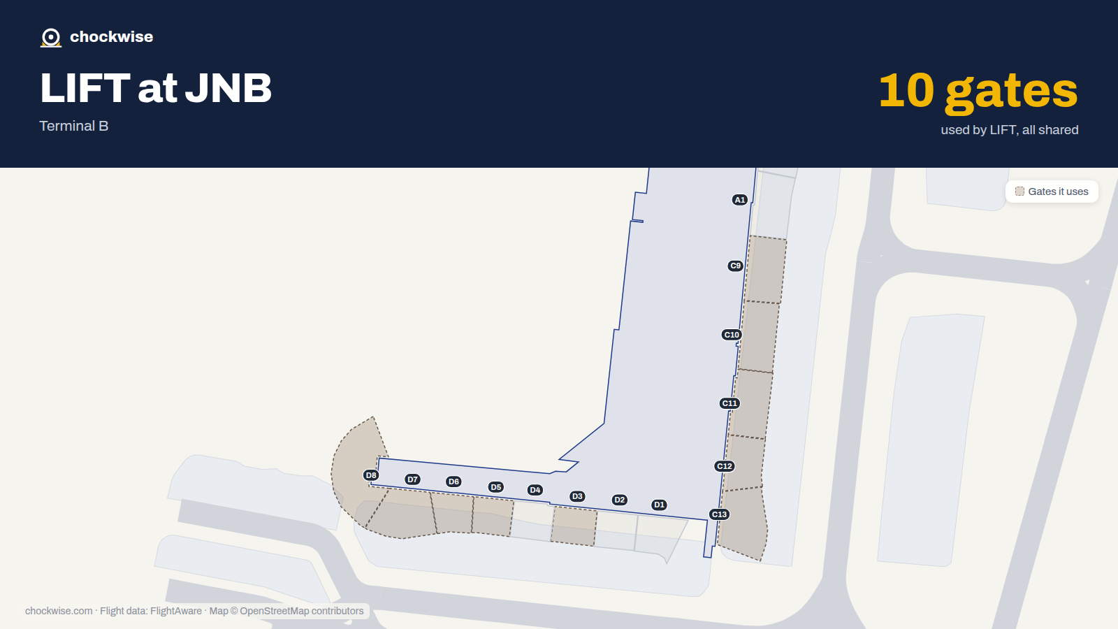Map of JNB with the gates LIFT uses highlighted: D3, D5, D6, D7, D8, C9, C10, C11 and 2 more.