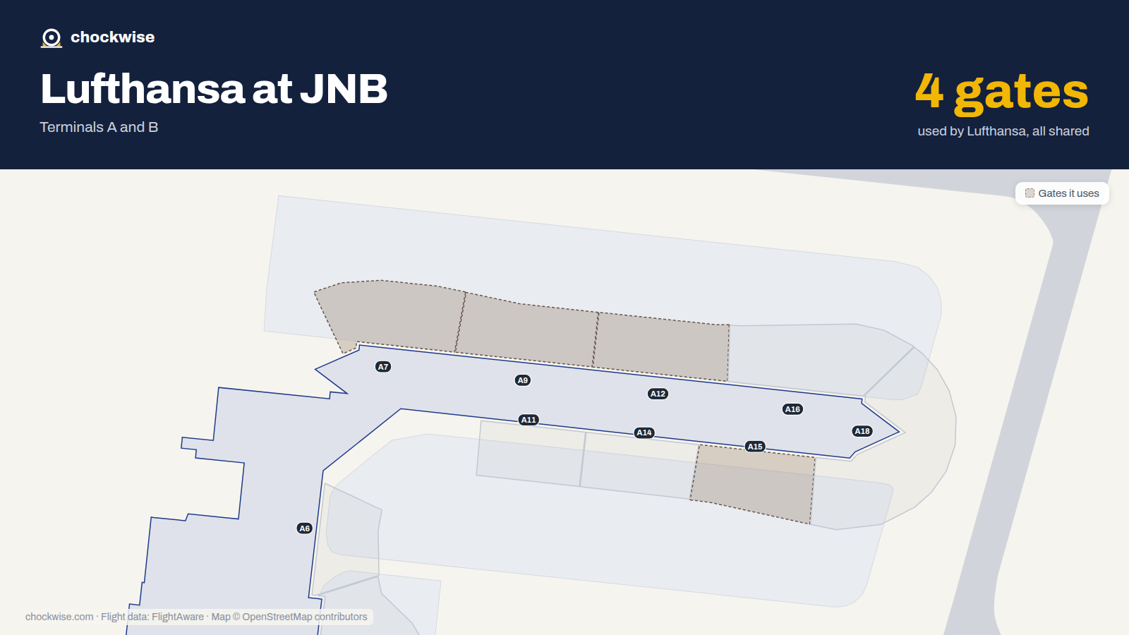 Map of JNB with the gates Lufthansa uses highlighted: A7, A9, A12 and A15.