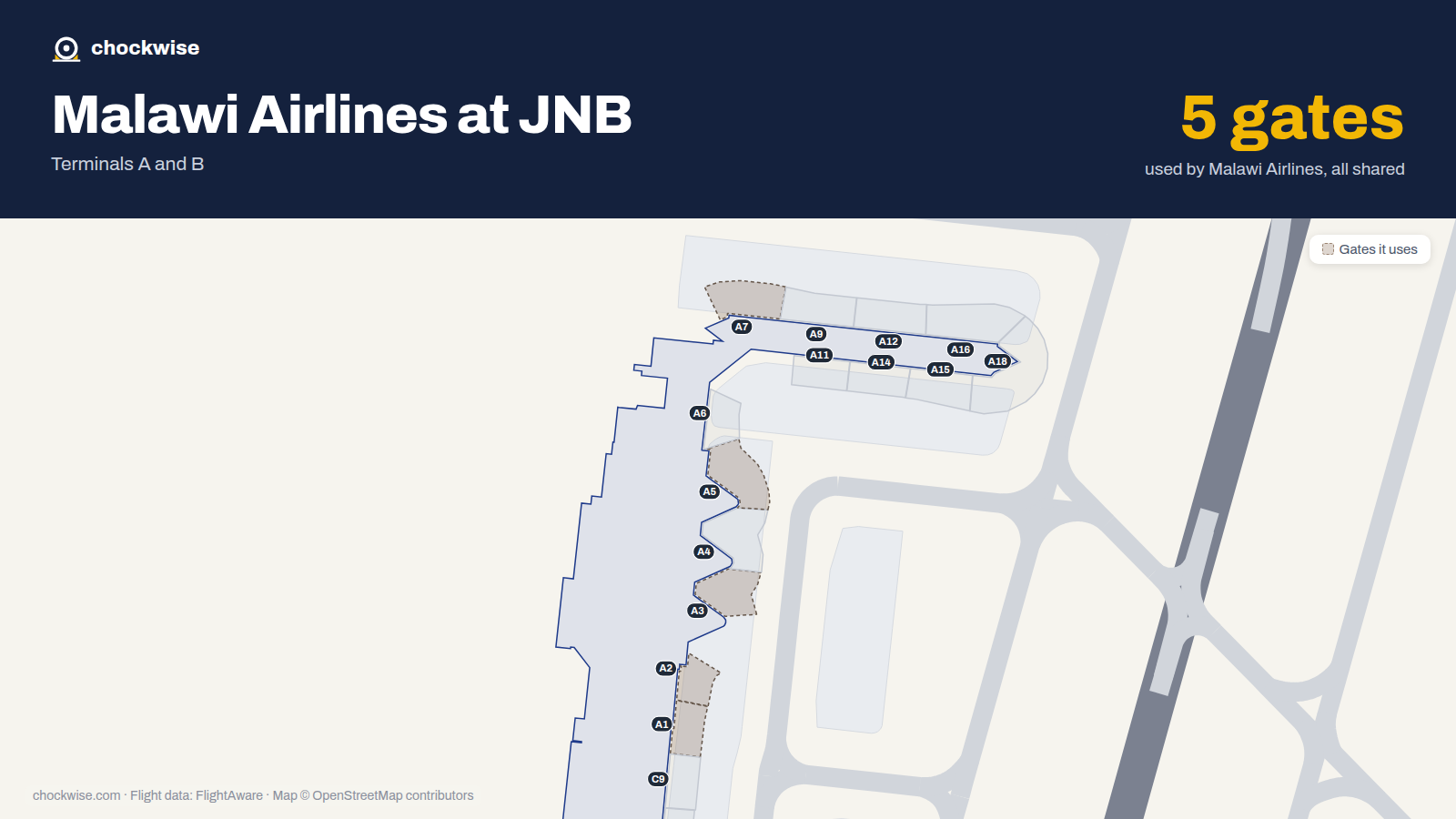 Map of JNB with the gates Malawi Airlines uses highlighted: A1, A2, A3, A5 and A7.
