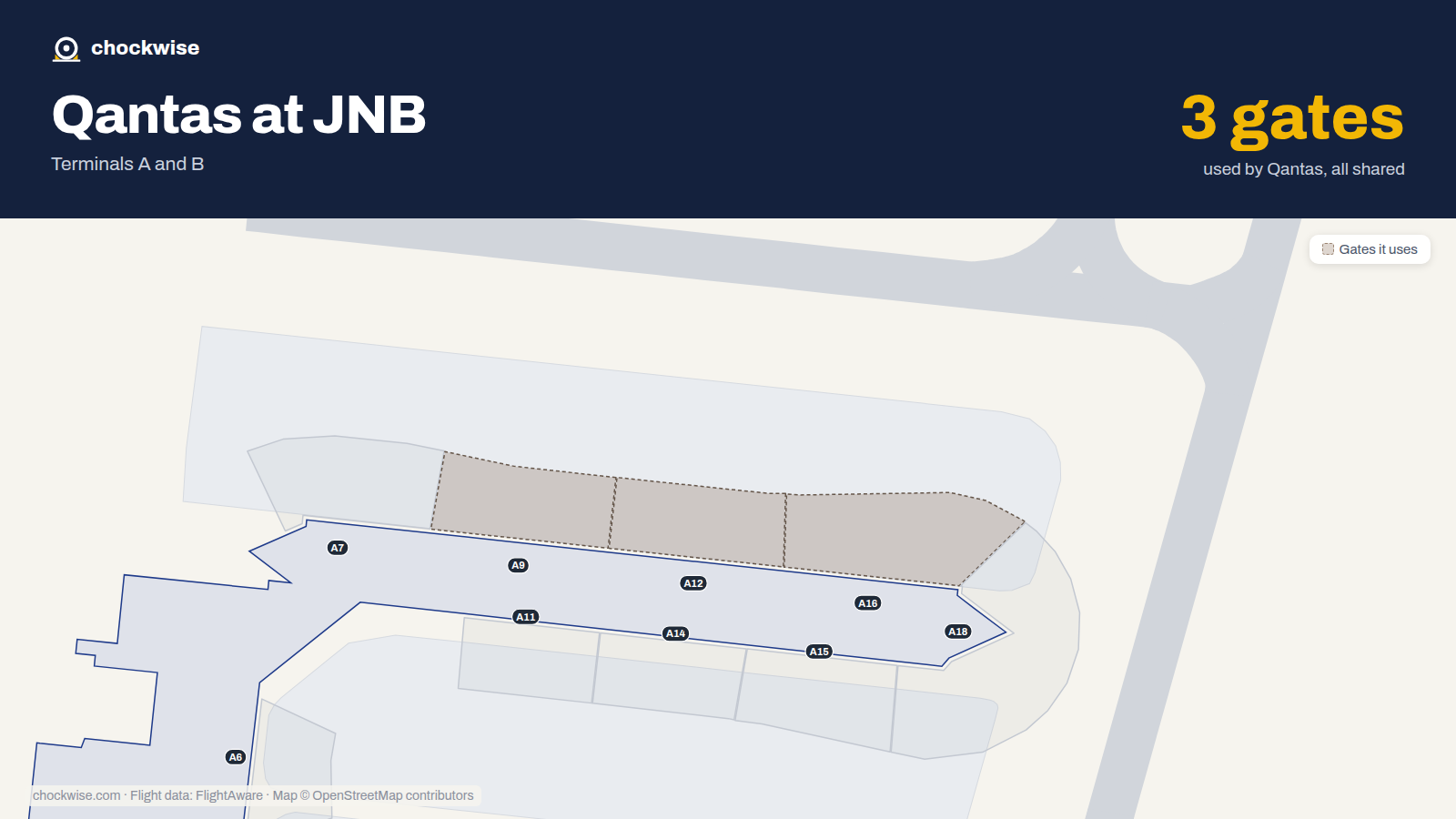 Map of JNB with the gates Qantas uses highlighted: A9, A12 and A16.