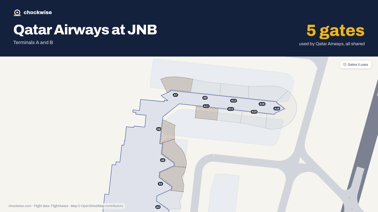 Map of JNB with the gates Qatar Airways uses highlighted: A4, A5, A6, A7 and A11.