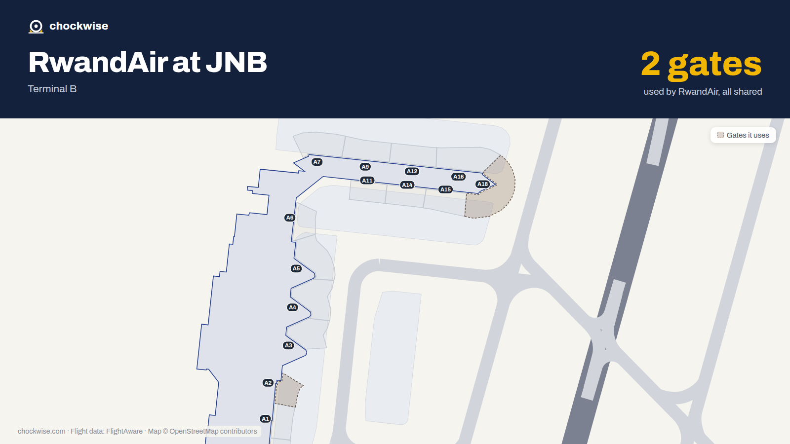 Map of JNB with the gates RwandAir uses highlighted: A2 and A18.