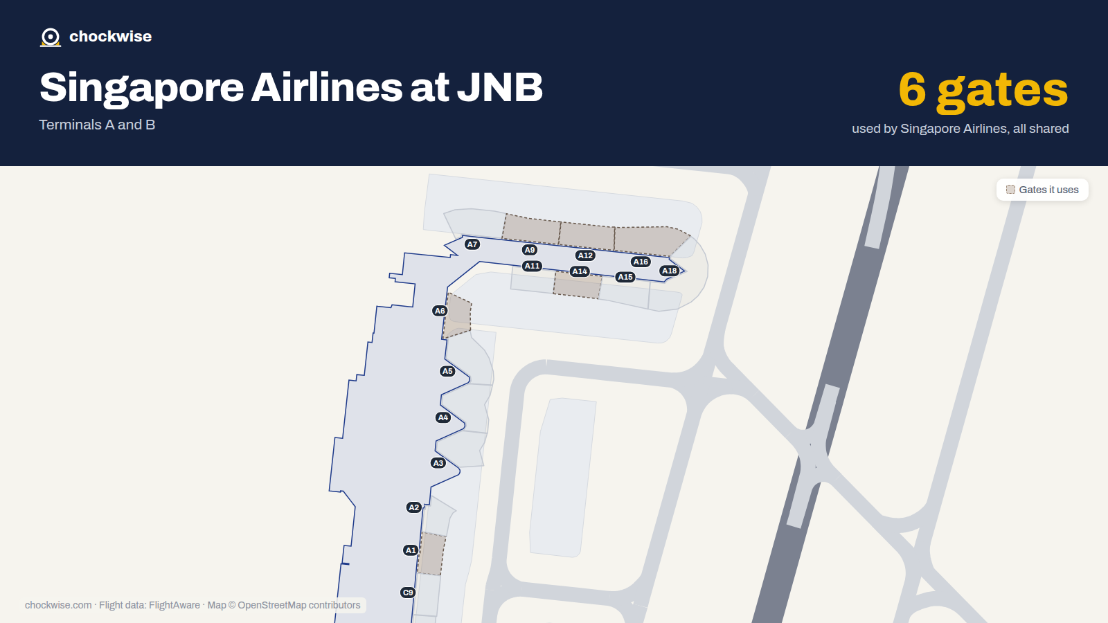 Map of JNB with the gates Singapore Airlines uses highlighted: A1, A6, A9, A12, A14 and A16.