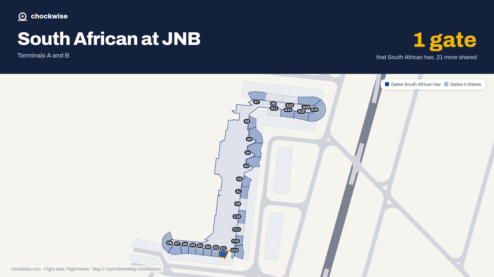 Map of JNB with the gates South African Airways uses highlighted: D1.