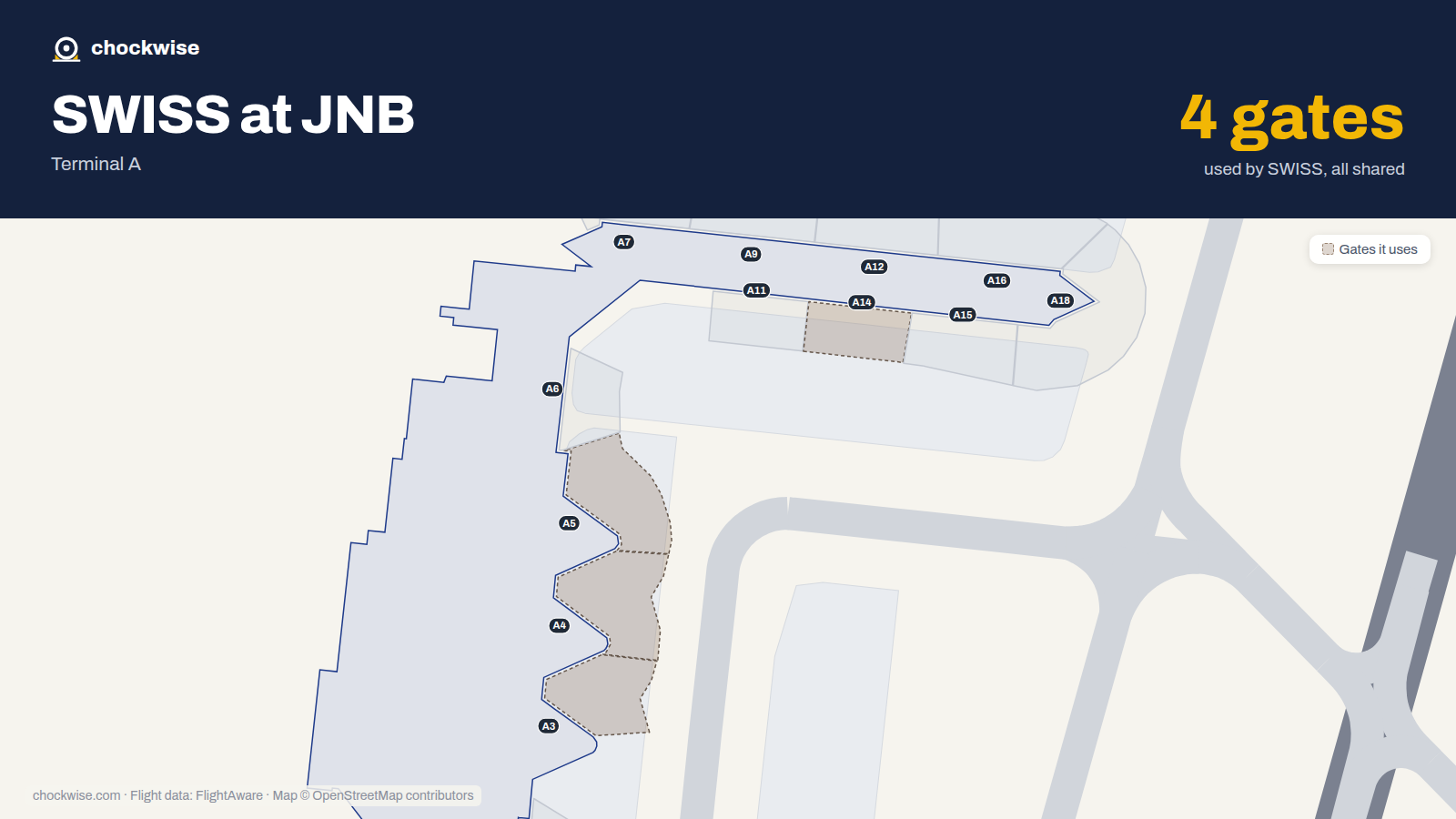 Map of JNB with the gates SWISS uses highlighted: A3, A4, A5 and A14.
