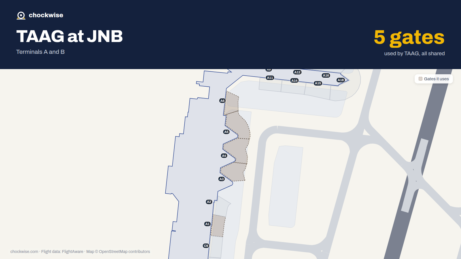 Map of JNB with the gates TAAG Angola Airlines uses highlighted: A1, A3, A4, A5 and A6.