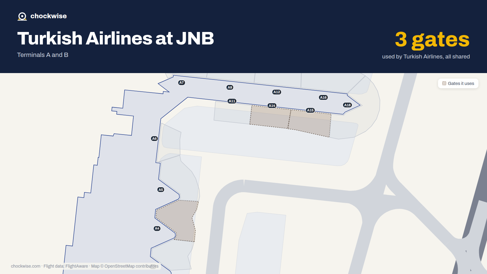 Map of JNB with the gates Turkish Airlines uses highlighted: A4, A14 and A15.