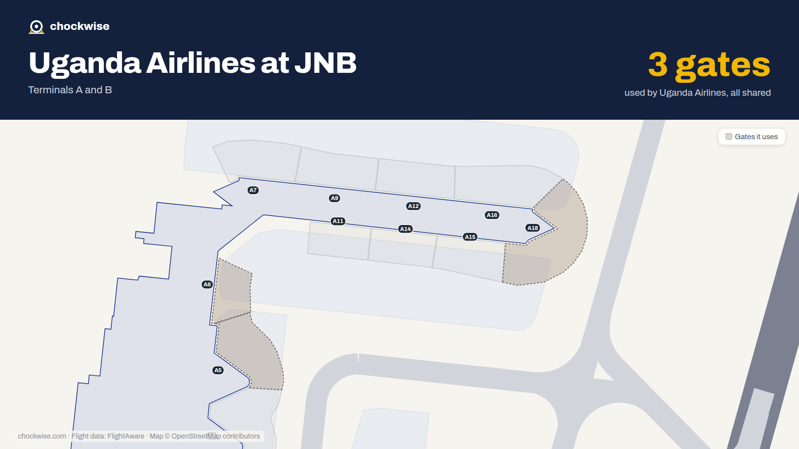 Map of JNB with the gates Uganda Airlines uses highlighted: A5, A6 and A18.