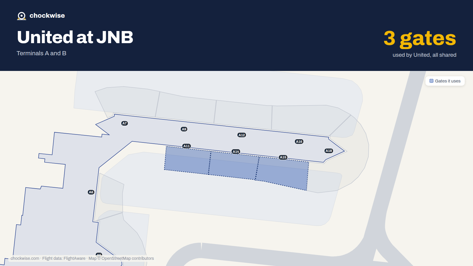 Map of JNB with the gates United Airlines uses highlighted: A11, A14 and A15.