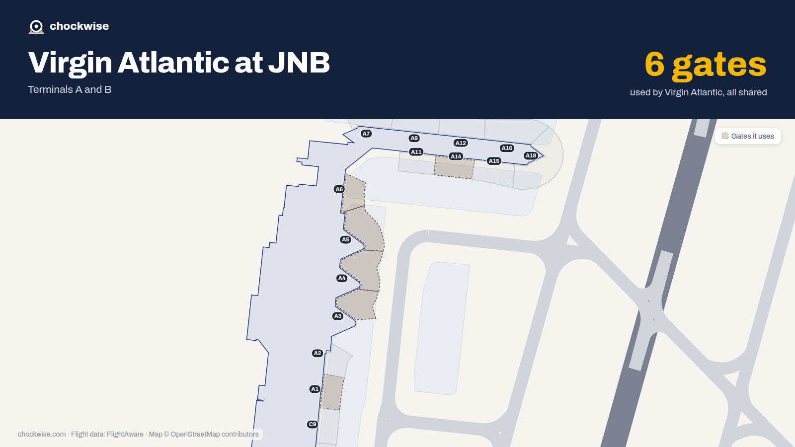 Map of JNB with the gates Virgin Atlantic uses highlighted: A1, A3, A4, A5, A6 and A14.
