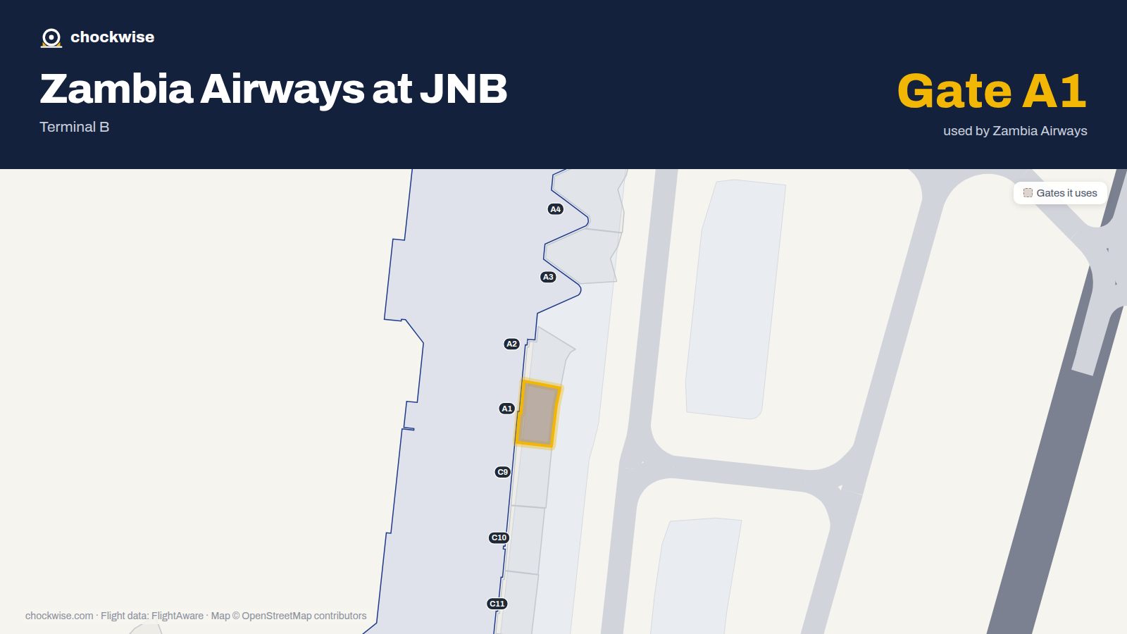 Map of JNB with the gates Zambia Airways uses highlighted: A1.