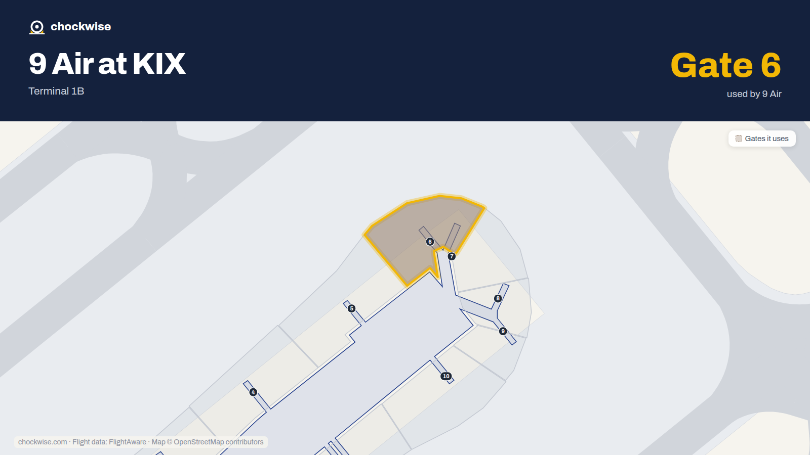 Map of KIX with the gates 9 Air uses highlighted: 6.