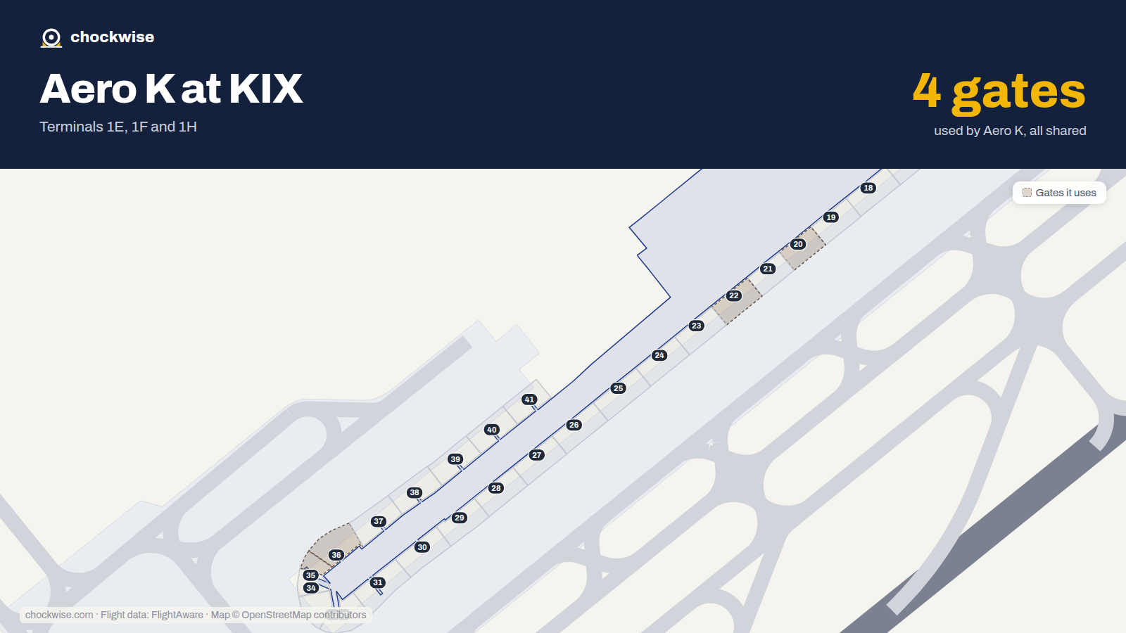 Map of KIX with the gates Aero K uses highlighted: 20, 22, 35 and 36.