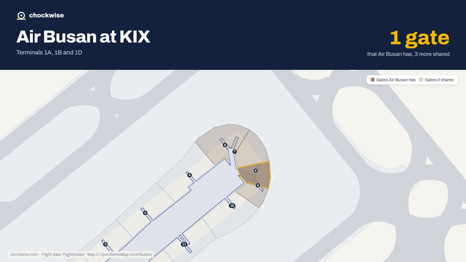 Map of KIX with the gates Air Busan uses highlighted: 8.