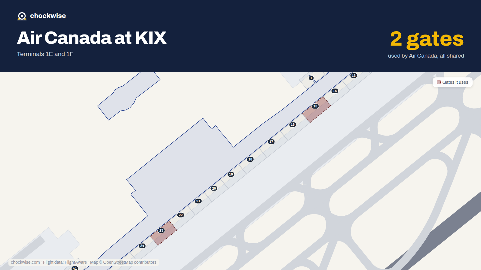 Map of KIX with the gates Air Canada uses highlighted: 15 and 23.