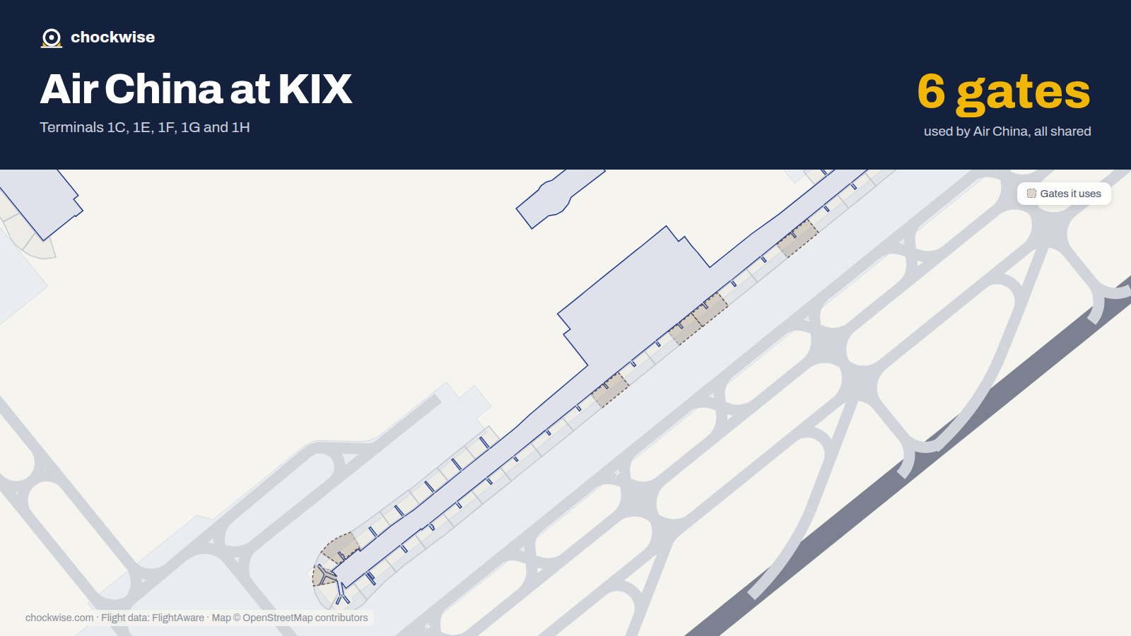 Map of KIX with the gates Air China uses highlighted: 16, 19, 20, 23, 34 and 36.