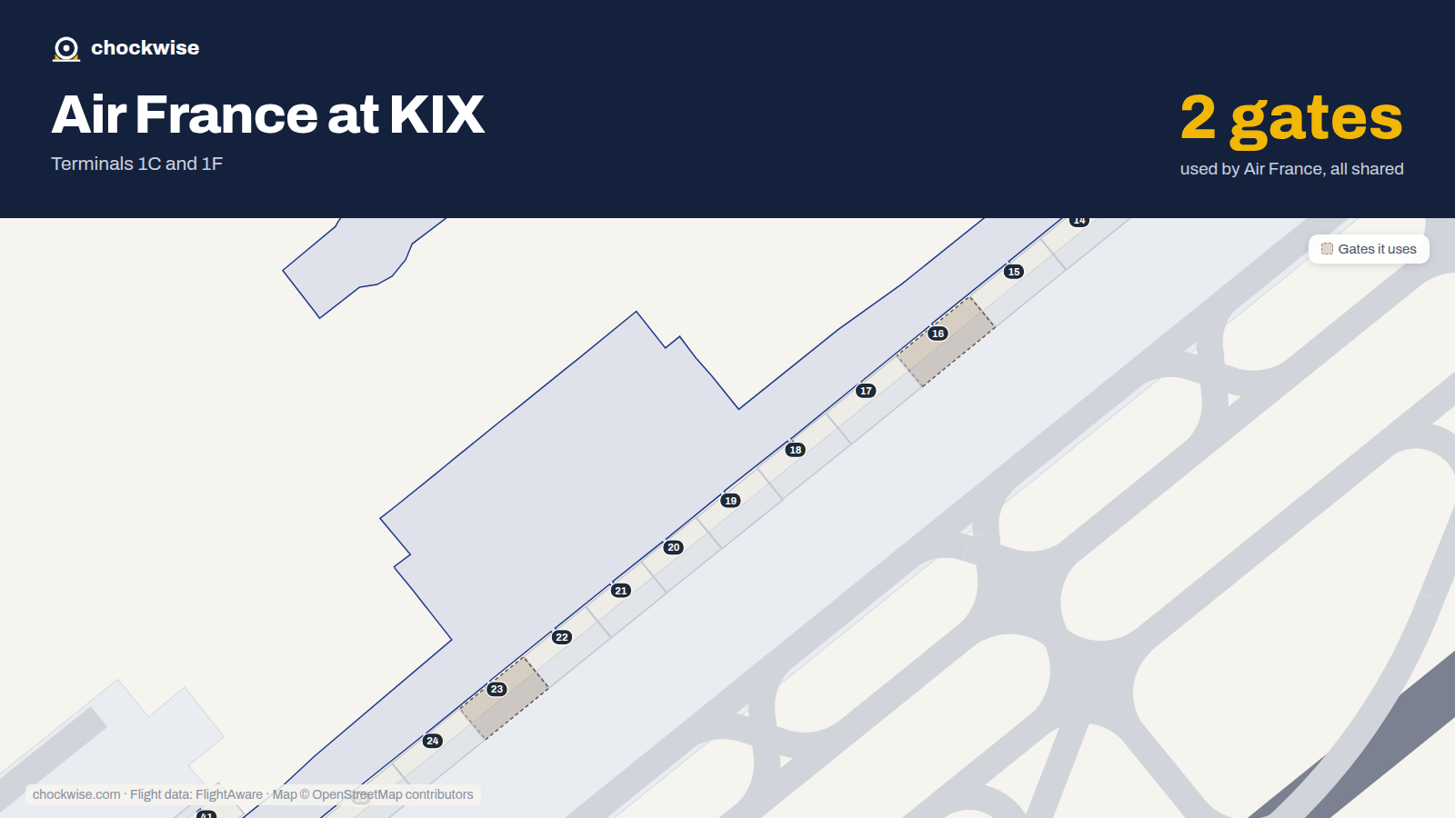 Map of KIX with the gates Air France uses highlighted: 16 and 23.
