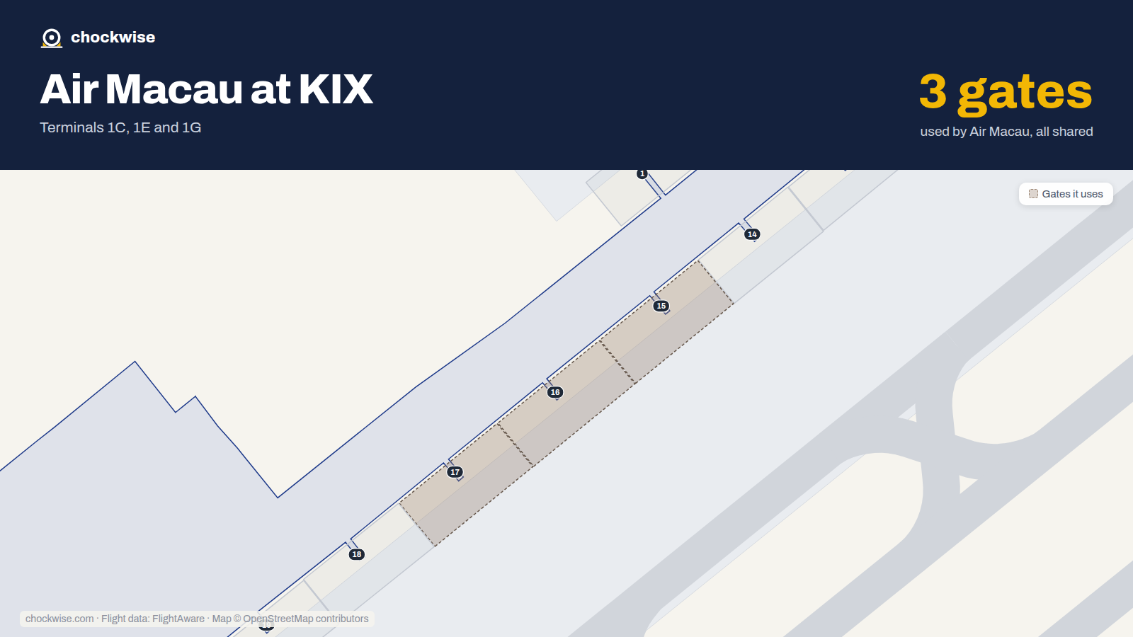 Map of KIX with the gates Air Macau uses highlighted: 15, 16 and 17.