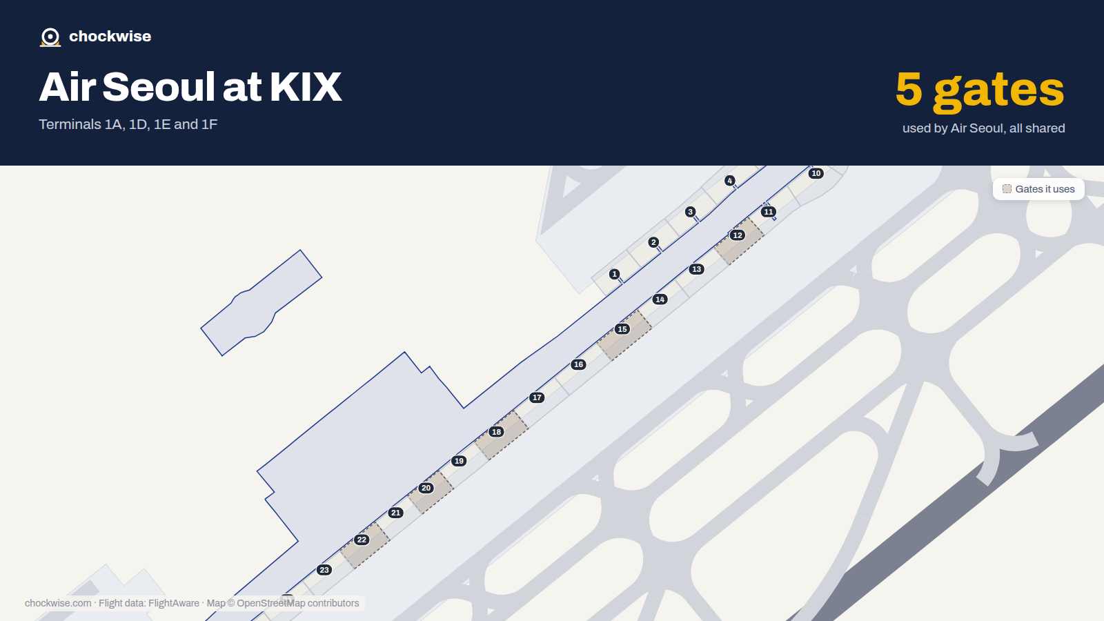 Map of KIX with the gates Air Seoul uses highlighted: 12, 15, 18, 20 and 22.
