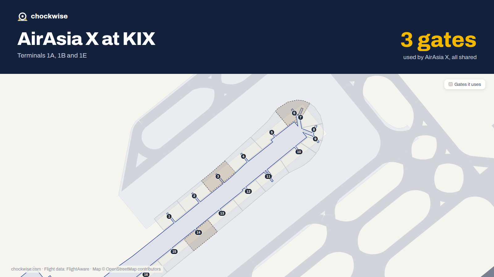 Map of KIX with the gates AirAsia X uses highlighted: 3, 6 and 14.