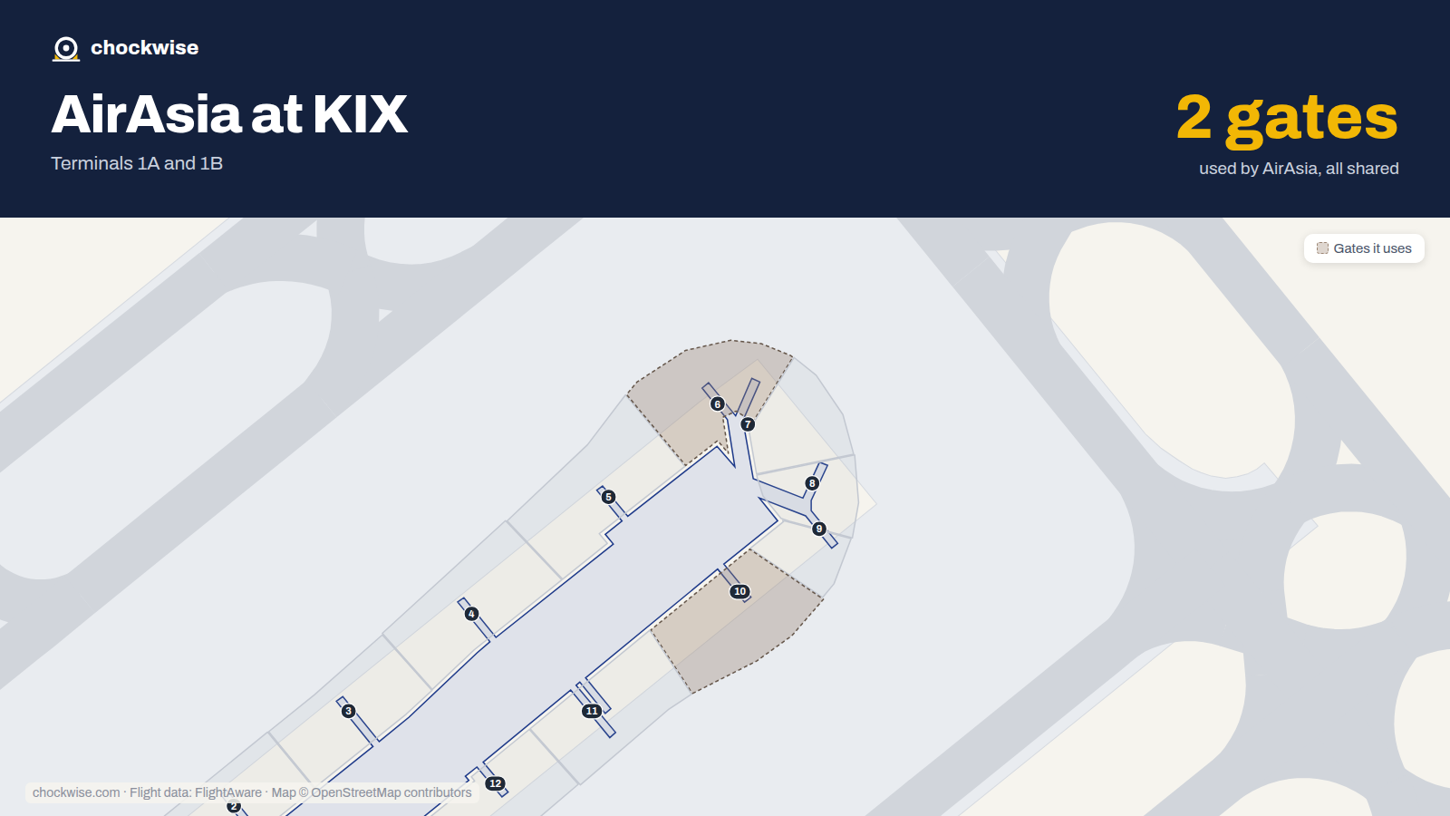 Map of KIX with the gates AirAsia uses highlighted: 6 and 10.