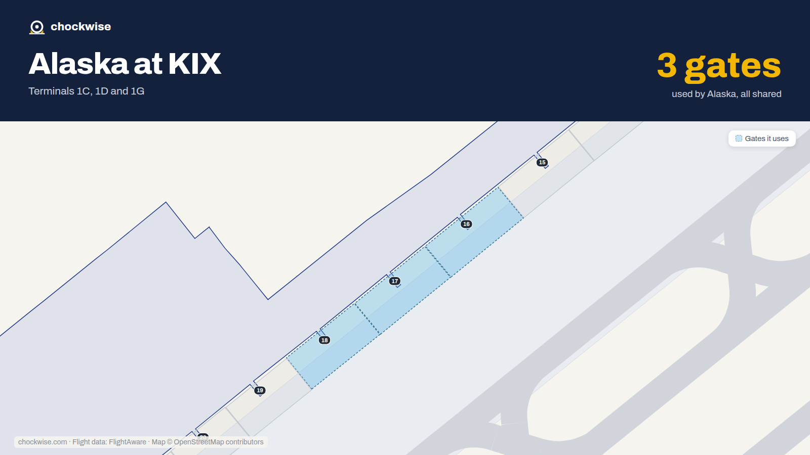 Map of KIX with the gates Alaska Airlines uses highlighted: 16, 17 and 18.