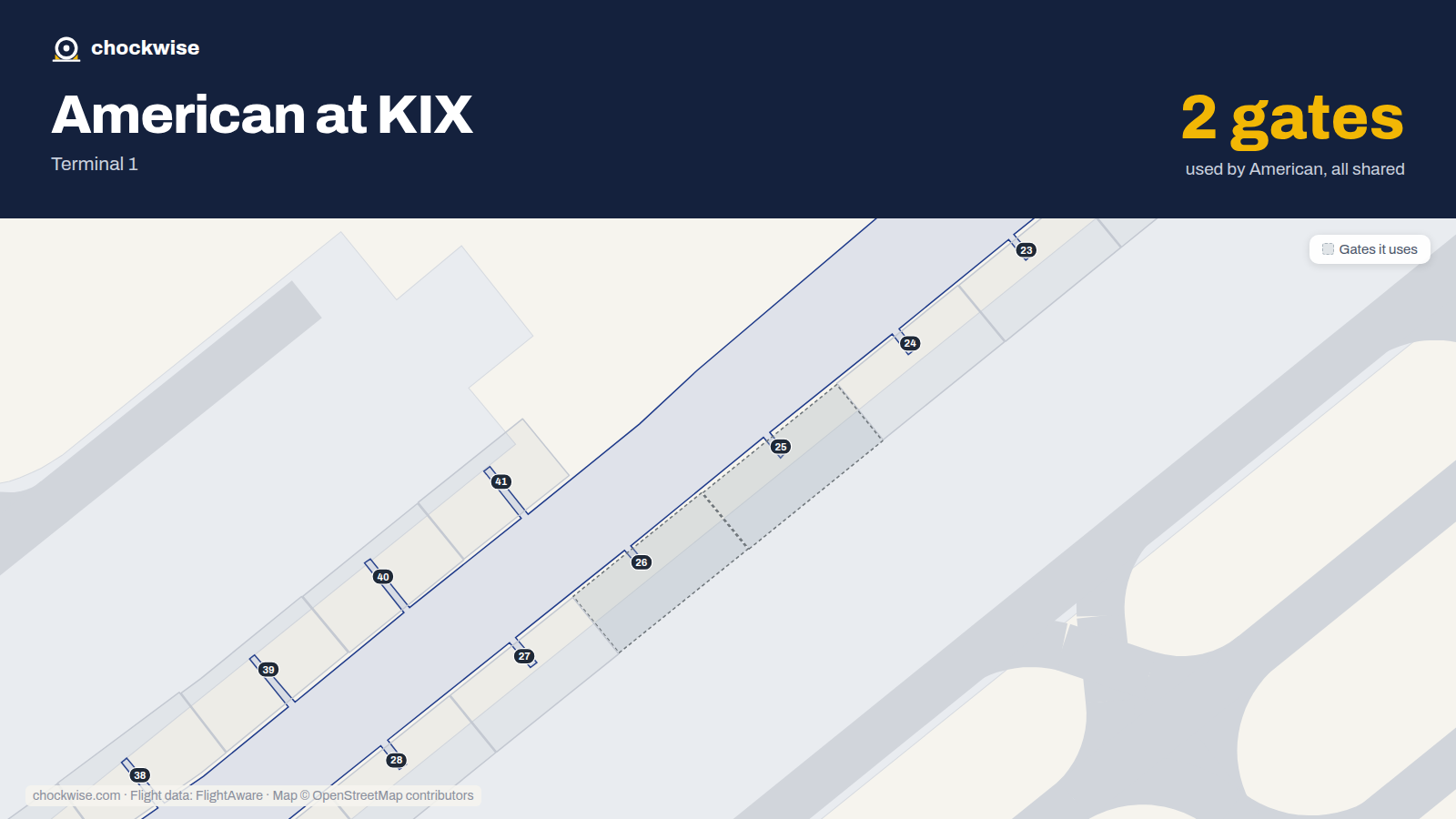Map of KIX with the gates American Airlines uses highlighted: 25 and 26.