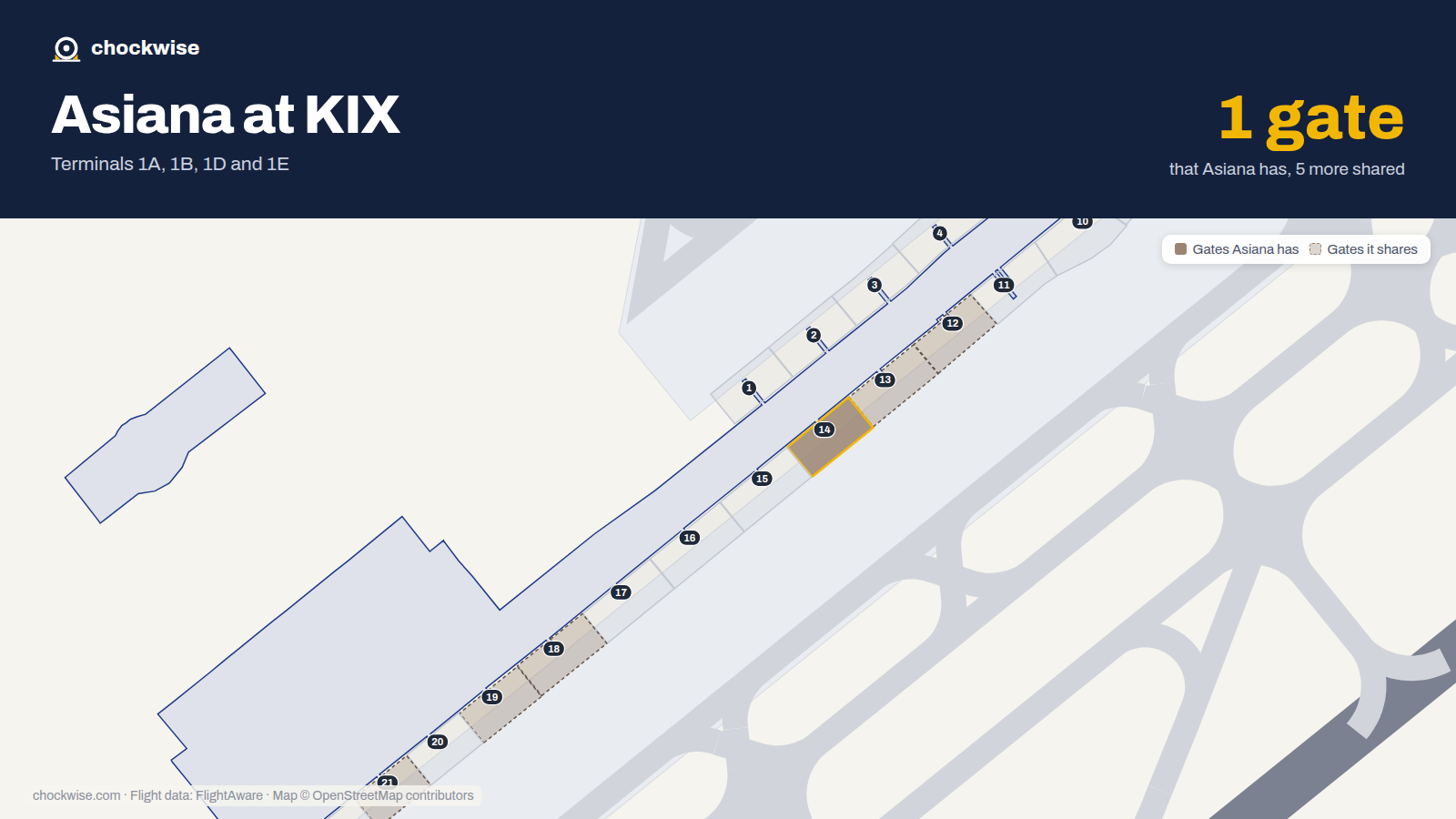 Map of KIX with the gates Asiana Airlines uses highlighted: 14.