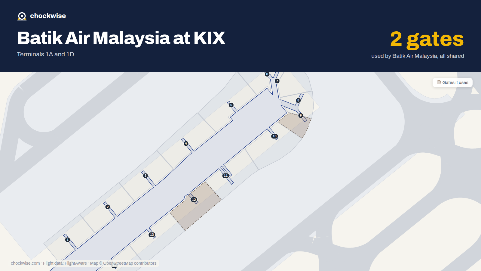 Map of KIX with the gates Batik Air Malaysia uses highlighted: 9 and 12.