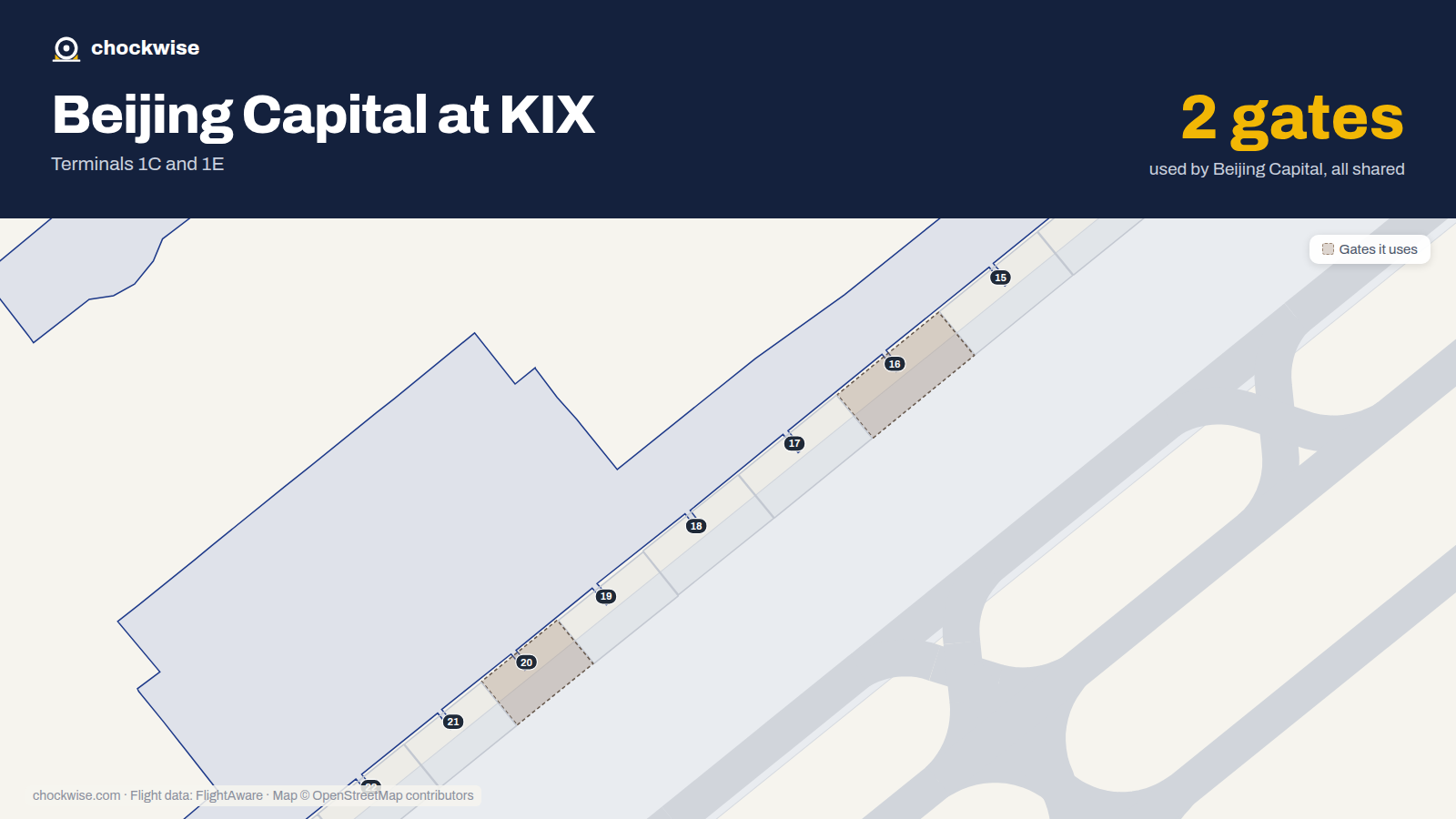 Map of KIX with the gates Beijing Capital Airlines uses highlighted: 16 and 20.