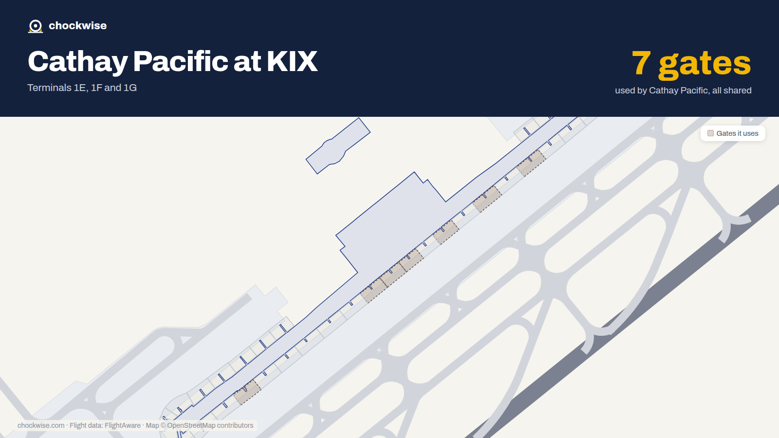 Map of KIX with the gates Cathay Pacific uses highlighted: 15, 17, 19, 21, 22, 23 and 29.