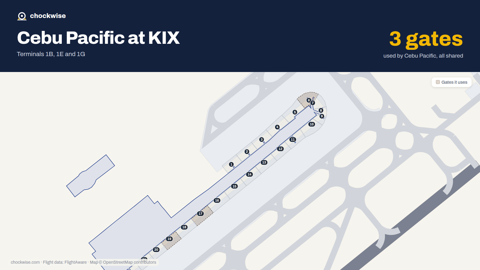 Map of KIX with the gates Cebu Pacific uses highlighted: 6, 17 and 19.