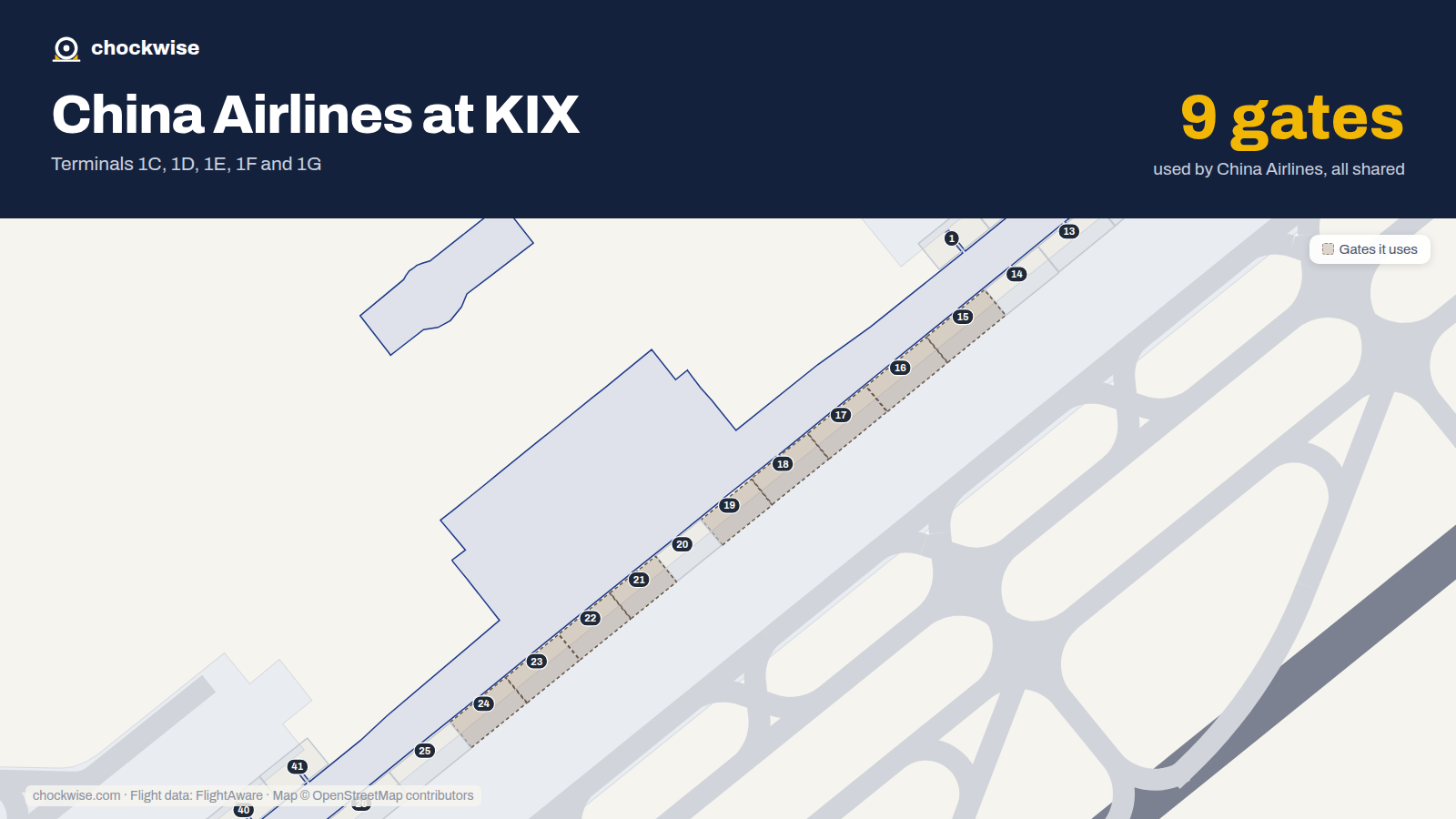 Map of KIX with the gates China Airlines uses highlighted: 15, 16, 17, 18, 19, 21, 22, 23 and 1 more.
