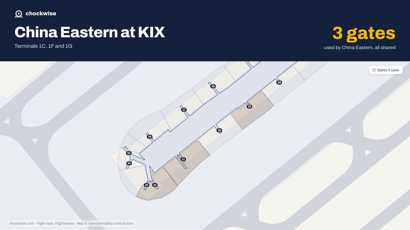 Map of KIX with the gates China Eastern uses highlighted: 29, 31 and 32.