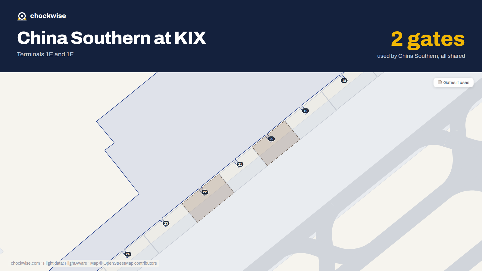 Map of KIX with the gates China Southern uses highlighted: 20 and 22.