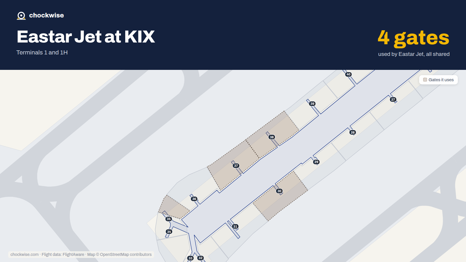Map of KIX with the gates Eastar Jet uses highlighted: 30, 35, 37 and 38.