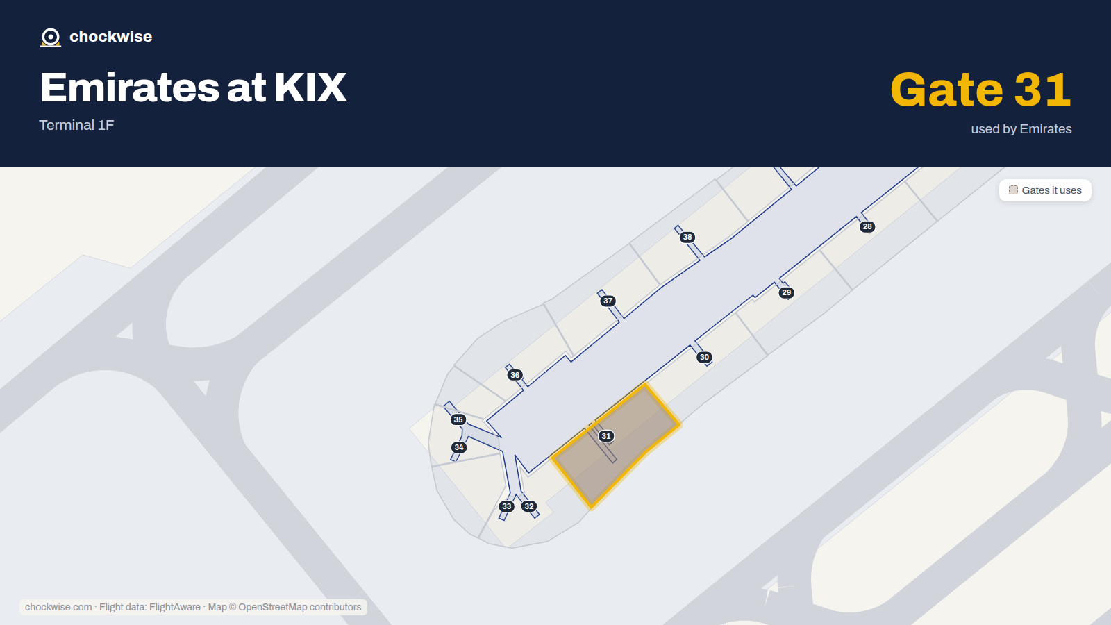 Map of KIX with the gates Emirates uses highlighted: 31.