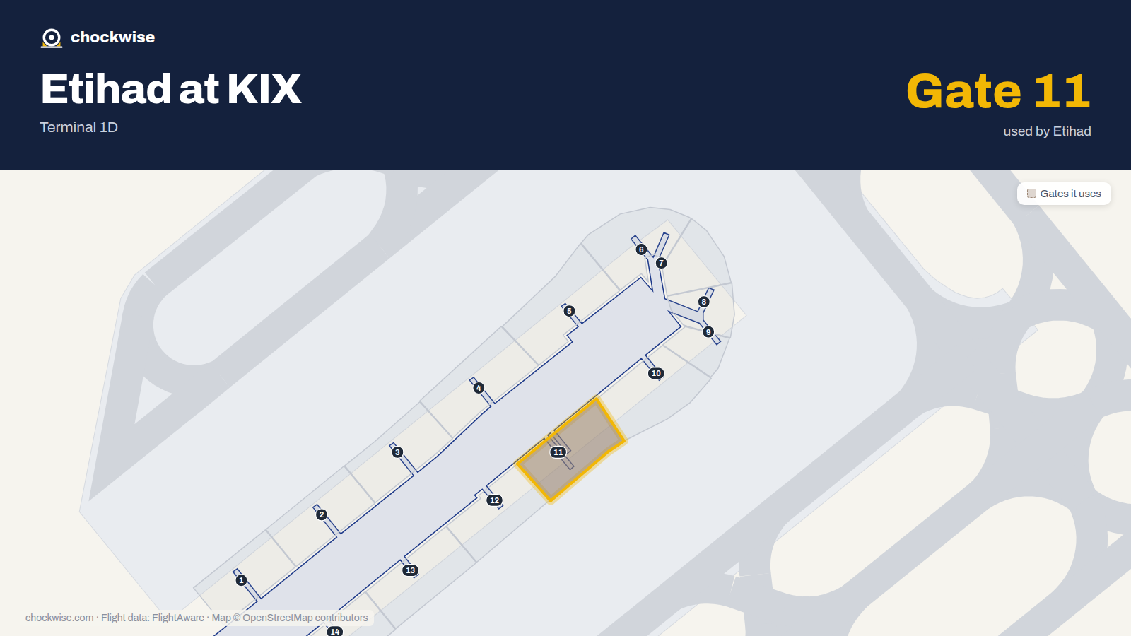 Map of KIX with the gates Etihad Airways uses highlighted: 11.