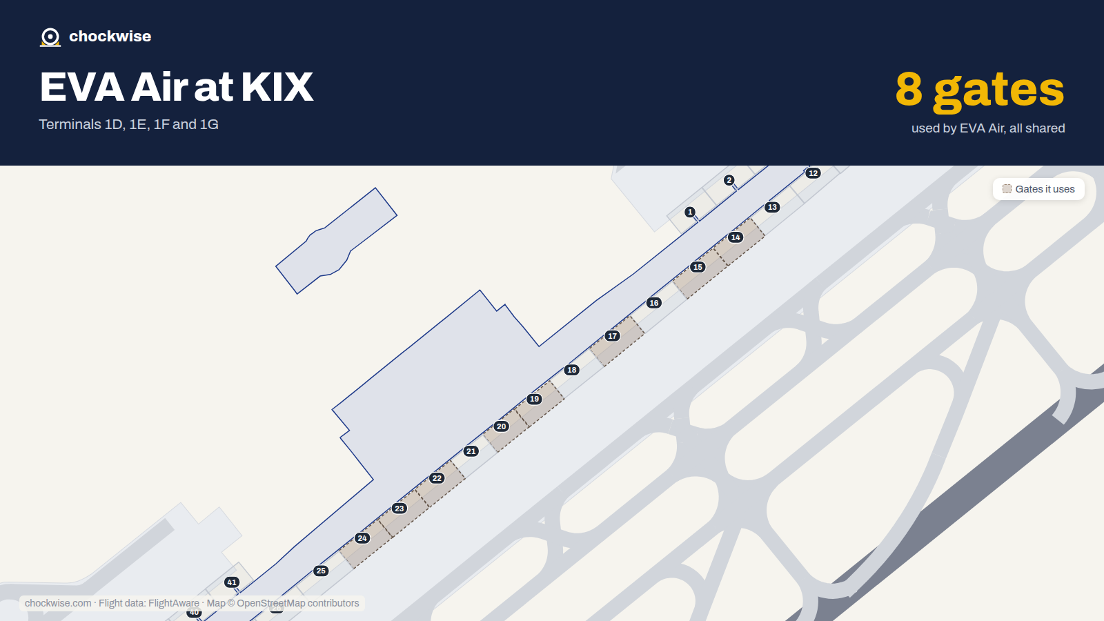 Map of KIX with the gates EVA Air uses highlighted: 14, 15, 17, 19, 20, 22, 23 and 24.
