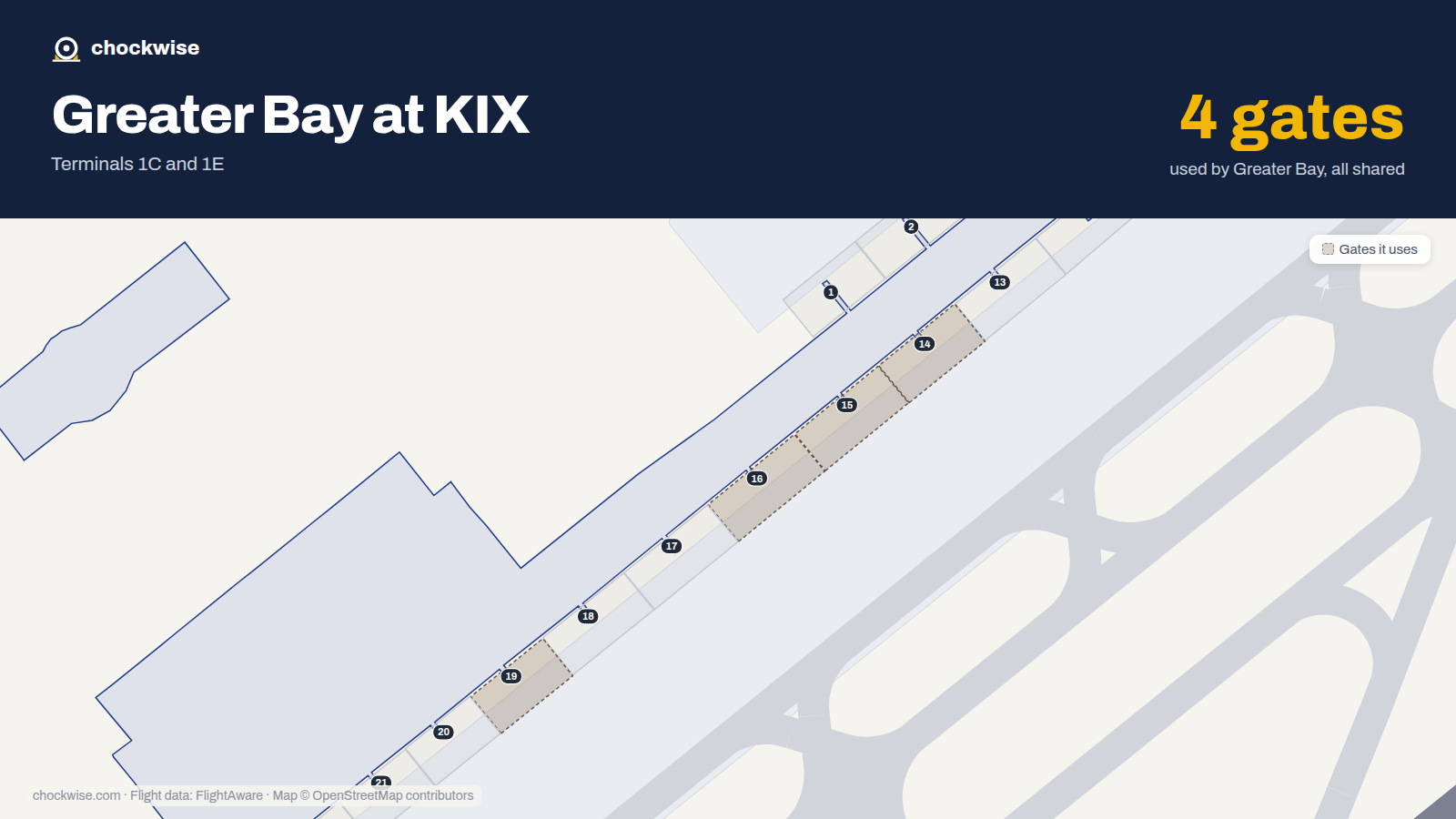 Map of KIX with the gates Greater Bay Airlines uses highlighted: 14, 15, 16 and 19.