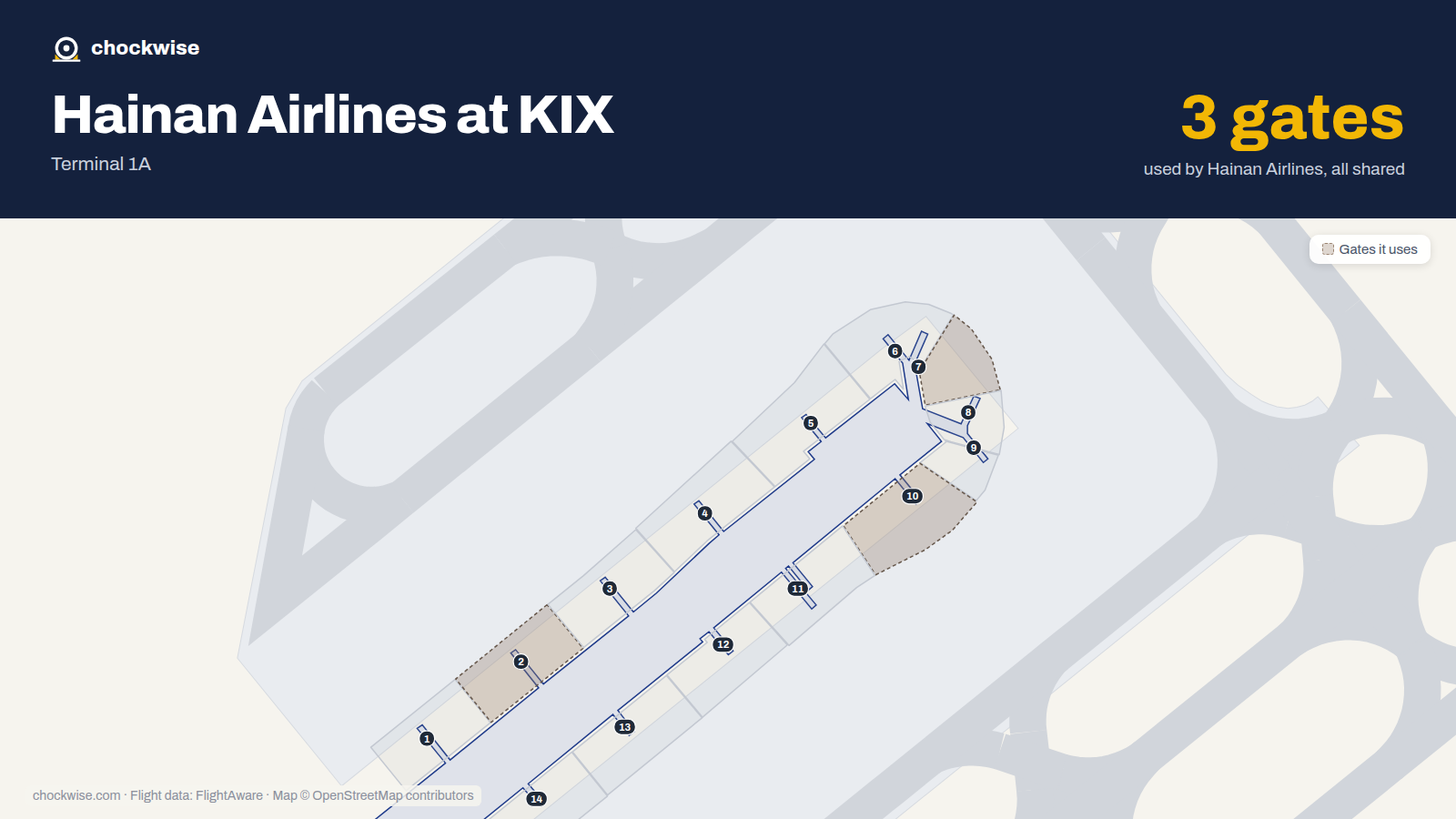 Map of KIX with the gates Hainan Airlines uses highlighted: 2, 7 and 10.