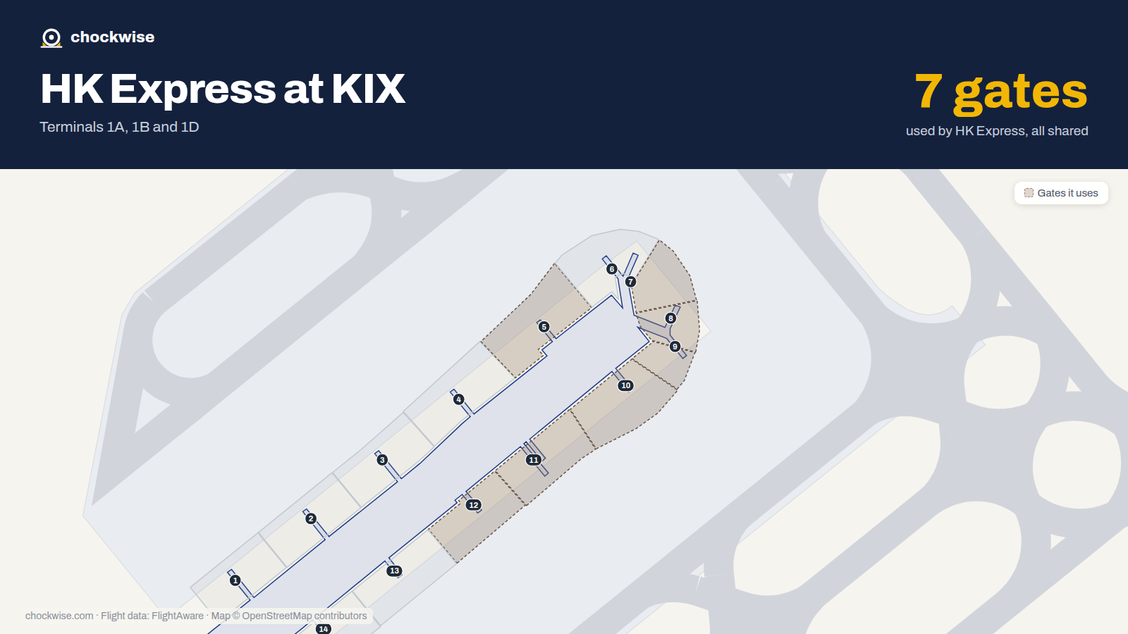 Map of KIX with the gates HK Express uses highlighted: 5, 7, 8, 9, 10, 11 and 12.