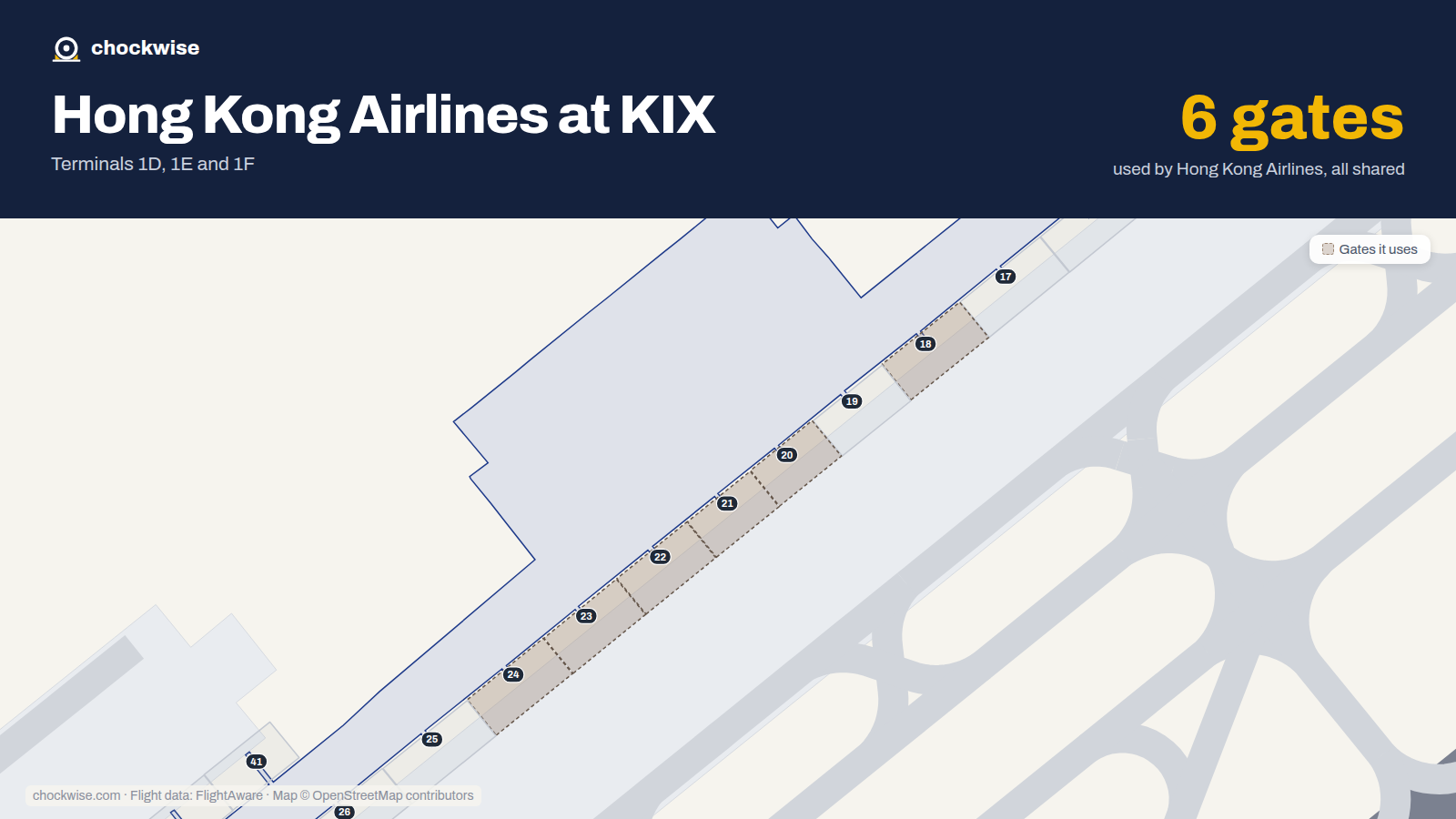 Map of KIX with the gates Hong Kong Airlines uses highlighted: 18, 20, 21, 22, 23 and 24.