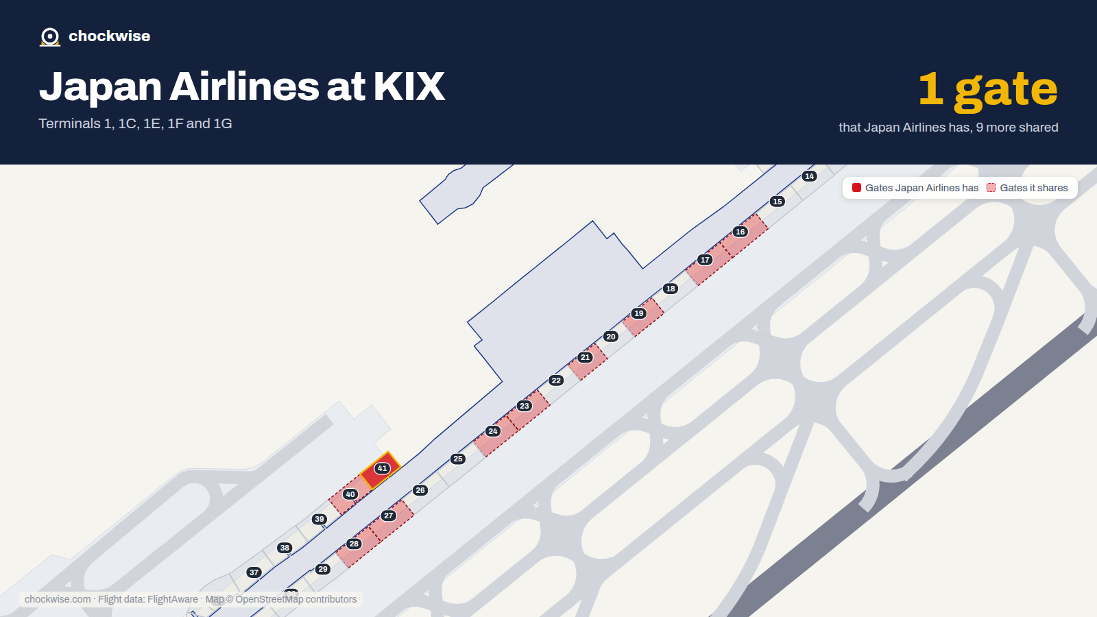 Map of KIX with the gates Japan Airlines uses highlighted: 41.