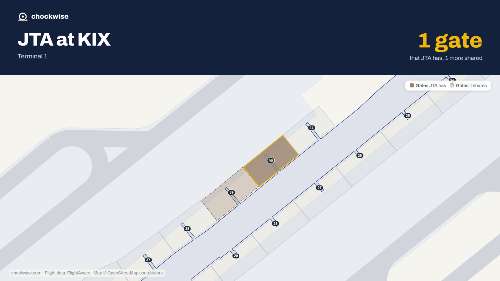 Map of KIX with the gates Japan Transocean Air uses highlighted: 40.